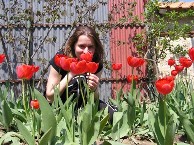 Janka tulipánokkal